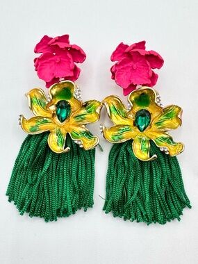 Kitschy Colorful Pink Yellow Orchid Earrings Green Fringe Tropical Statement Fun